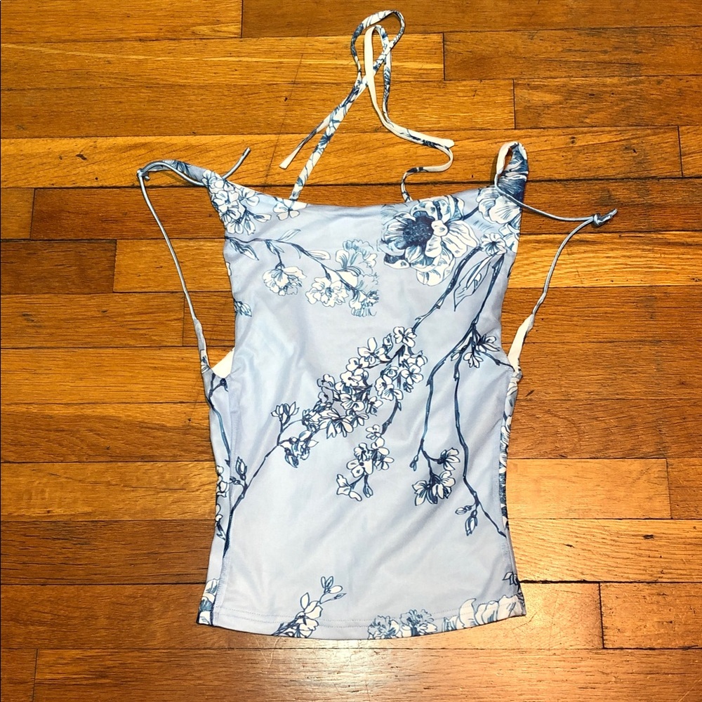 Tiger Mist Cambell Mesh Corset Crop Top in Ceramic Floral Blue, US size 0 - Picture 12 of 14